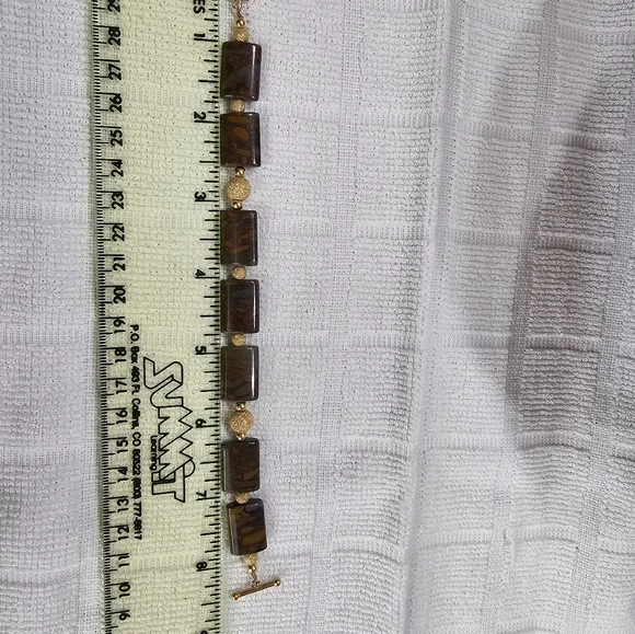 Vintage 14KGP Gold and Brown Jasper Gemstone Beaded Bracelet - Picture 14 of 15